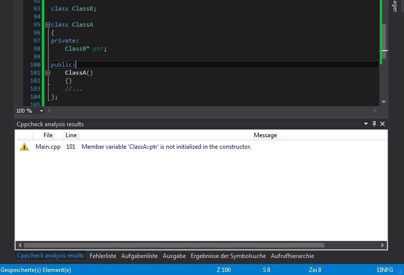 Cppcheck-Fenster in Visual Studio
